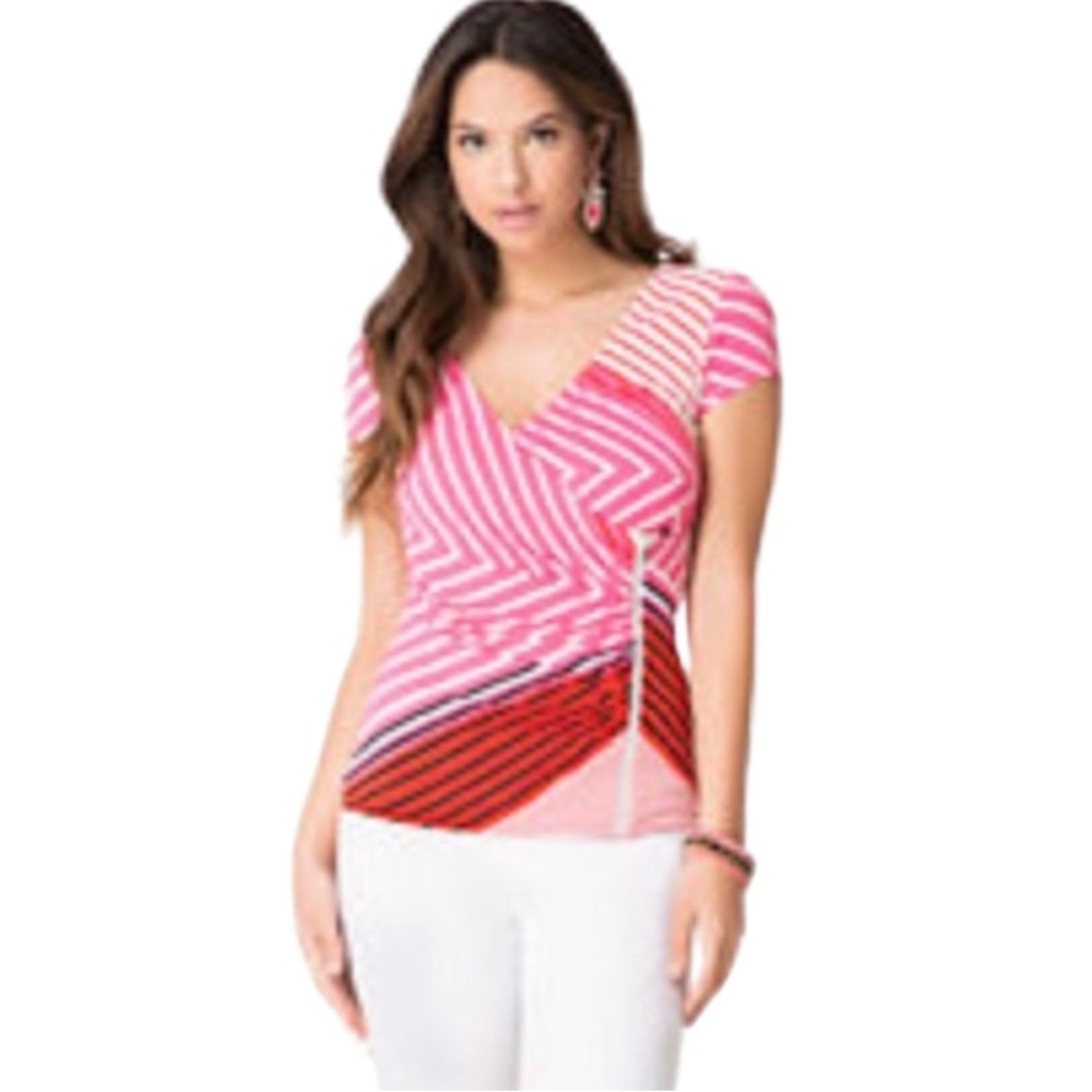 Bebe Zip Up Surplice Top Pink Multi XXS